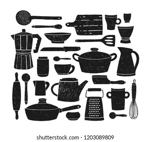 Bundle of glassware, kitchenware and cookware. Set of black silhouettes of kitchen utensils or tools for home cooking isolated on white background. Monochrome vector illustration in doodle style.