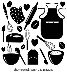 Bundle of glassware, kitchenware and cookware. Set of black silhouettes of kitchen utensils or tools for home cooking isolated on white background. Monochrome vector illustration 