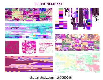 Bundle of glitch overlays. Computer screen error, digital pixel noise design.