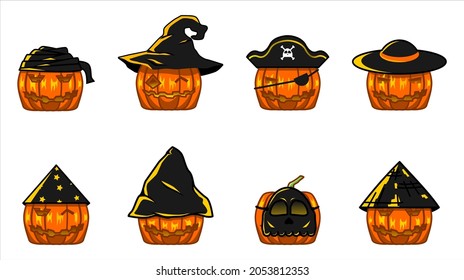 Bundle of glowing jack o lantern wearing mask and hat in black color, october, halloween, trick or treat. 