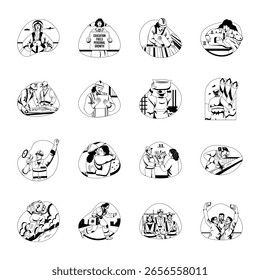 Illustrationen zu Arbeitsrechten im Glyphenstil 