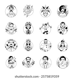 Bundle of Glyph Style Mexican Avatar Illustrations 

