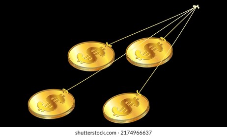 Bundle of gold coins with dollar symbols in bundle on rope isolated on black background. Vector illustration.