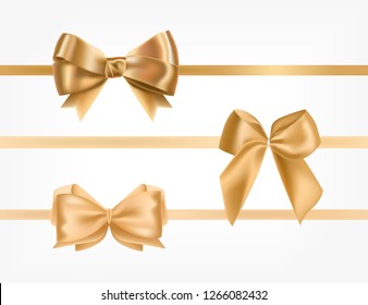 Bundle of golden satin ribbons decorated with bows.Collection of fancy decorative design elements. Set of festive gift decorations isolated on white background. Colorful realistic vector illustration.