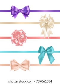Bundle of gorgeous realistic satin bows and ribbons of various types and colors isolated on white background. Set of elegant decorative elements, glossy present decorations. Vector illustration.