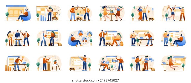 Bundle of gradient concepts with people scene in flat cartoon design. A big collection of scenes with men and women in various situations. Vector illustration.