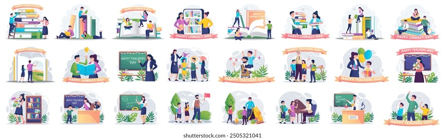 Bundle of gradient concepts with people scene in flat cartoon design. Illustrations on topics literacy day and teachers day are featured in this collection. Vector illustration.