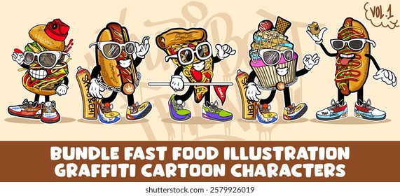 Bundle of graffiti cartoon characters. Colorful fast food vector mascot illustration in graffiti style