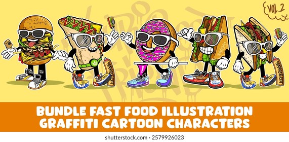 Bundle of graffiti cartoon characters. Colorful fast food vector mascot illustration in graffiti style