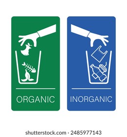 Bundle green blue organic inorganic trash bin label, with illustration han throw fishbone, apple, banana, plastic bag, bottle