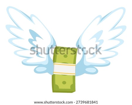 Bundle of green paper bills with angel wings. Banknote flying. Cash money flight. Financial investment. Currency banking profit. Dollar payment. Cashback and fortune finance income. Vector concept