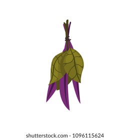 Bundle of green and purple leaves for spa procedures. Alternative medicine. Cartoon vector element for promo flyer or brochure
