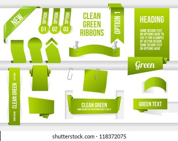 Bundle of Green Web Elements. Ribbons, banners, corner and speech bubble.