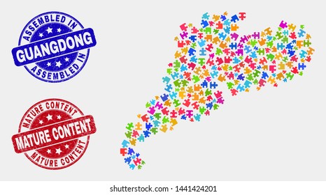 Bundle Guangdong Province map and blue Assembled seal stamp, and Mature Content distress seal stamp. Colorful vector Guangdong Province map mosaic of bundle units. Red round Mature Content rubber.