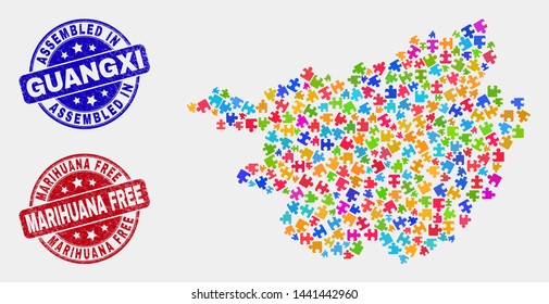 Bundle Guangxi Province map and blue Assembled seal stamp, and Marihuana Free distress seal. Colored vector Guangxi Province map mosaic of bundle components. Red round Marihuana Free stamp.