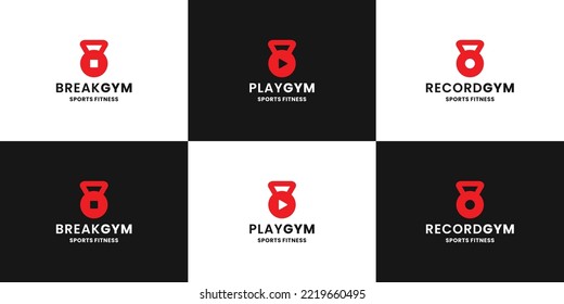 Bundle Gym Logo Design. Break , Play And Record Icon Combine With Kettle Bell Gym Sport