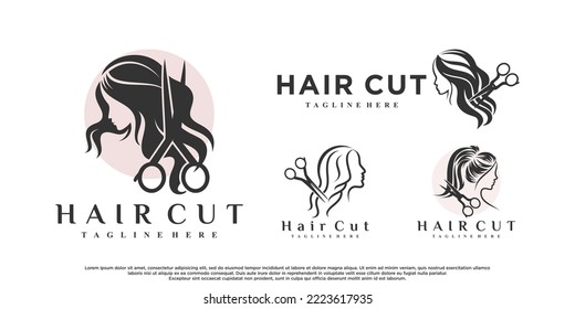 Diseño del logotipo de corte de pelo para la belleza con concepto creativo Vector Premium