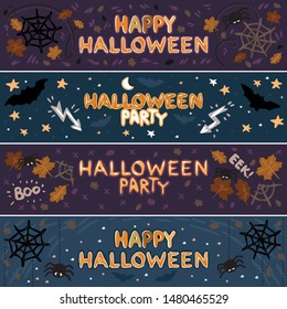 Bundle of halloween banners with bats, spiders, webs, stars, leafs and lightnings