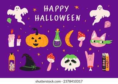 Bundle with Halloween cartoon elements. Set with a witchs potion, ghost and other decor for the holiday. Vector illustration for stickers, banner, childish.