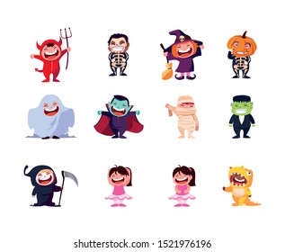 bundle halloween with children disguised vector illustration design