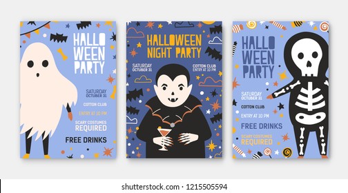 Bundle of Halloween party invitation, flyer or poster templates with cute vampire, skeleton, spooky ghost and place for text. Colored vector illustration in flat cartoon style for holiday celebration.