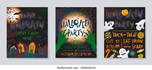 Bundle of Halloween posters with pumpkin,ghosts,graveyard,full moon,dead trees and bats.Halloween design perfect for prints,flyers,banners invitations,greetings.Vector Halloween illustrations.