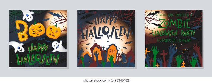 Bundle of Halloween posters with pumpkins,ghosts,graveyard,full moon,dead trees and bats.Halloween design perfect for prints,flyers,banners invitations,greetings.Vector Halloween illustrations.