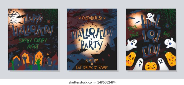 Bundle of Halloween posters with pumpkins,ghosts,graveyard,full moon,dead trees and bats.Halloween design perfect for prints,flyers,banners invitations,greetings.Vector Halloween illustrations.