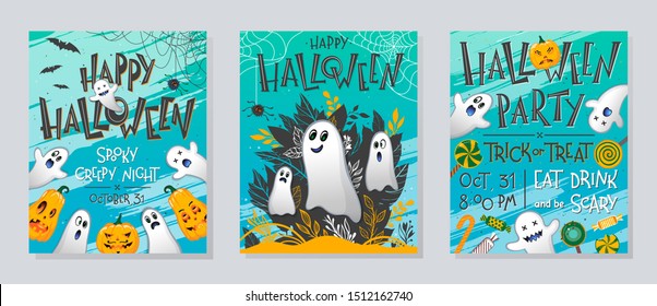 Bundle of Halloween posters with pumpkins,ghosts,sweets,bats and spider web.Halloween design perfect for prints,flyers,banners invitations,greetings.Vector Halloween illustrations.