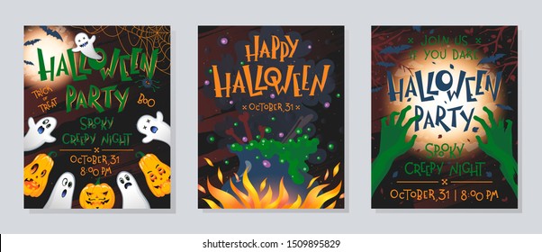 Bundle of Halloween posters with zombie hands,ghosts,pumpkins,witch cauldron and bats.Halloween design perfect for prints,flyers,banners invitations,greetings.Vector Halloween illustrations.