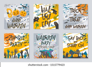 Bundle of Halloween posters with zombie hands,ghosts,pumpkins,witch cauldron and bats.Halloween design perfect for prints,flyers,banners invitations,greetings.Vector Halloween illustrations.