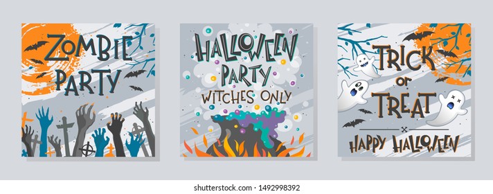 Bundle of Halloween posters with zombie hands,ghosts,witch cauldron and flying bats.Halloween design perfect for prints,flyers,banners invitations,greetings.Vector Halloween illustrations.