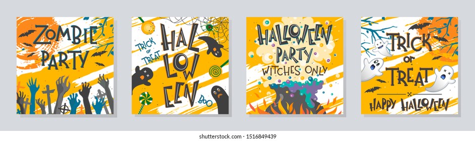 Bundle of Halloween posters with zombie hands,ghosts,witch cauldron and flying bats.Halloween design perfect for prints,flyers,banners invitations,greetings.Vector Halloween illustrations.