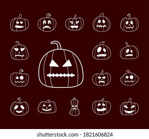 bundle of halloween pumpkins in brown background line style icons vector illustration design