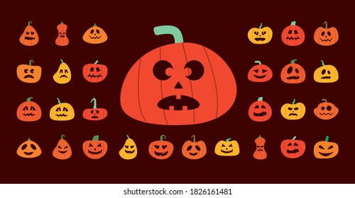 bundle of halloween pumpkins in brown background flat style icons vector illustration design