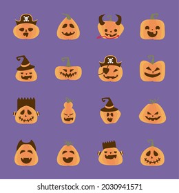 bundle of halloween pumpkins in purple background flat style icon
