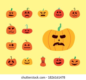 bundle of halloween pumpkins in yellow background flat style icons vector illustration design
