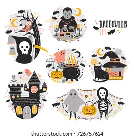 Bundle of Halloween scenes with funny and spooky cartoon characters - vampire, ghost, skeleton, grim reaper, pumpkin lantern, bats. Creepy and frightening fairytale. Festive vector illustration.