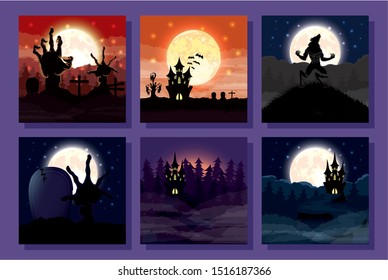 bundle of halloween scenes icons vector illustration design
