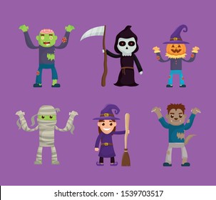 bundle of halloween set characters icons vector illustration design