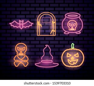 bundle of halloween set neon lights icons vector illustration design