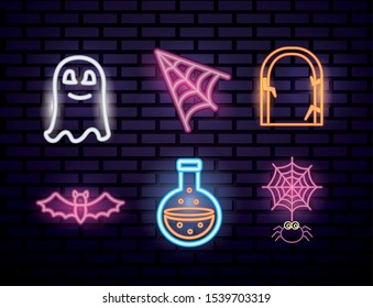bundle of halloween set neon lights icons vector illustration design