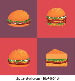 bundle of hamburgers and sandwich delicious fast food icons vector illustration design
