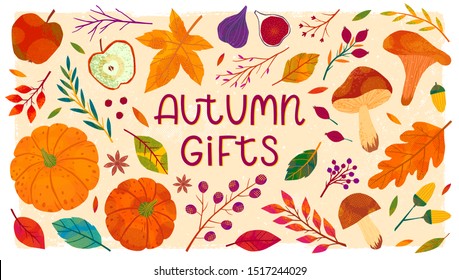 Bundle of hand drawn autumn seasonal elements.Vegetables,fruits,pumpkins,forest mushrooms,tree branches,plants,leaves,berries,acorns.Harvest season.Trendy fall vector illustrations.