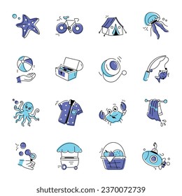 Paquete de iconos divertidos de la playa de drenaje manual 

