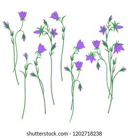 Bundle of Hand Drawn Bellflowers Isolated on White Background for Custom Pattern Designs and Illustrations for All Media, Web, Textile, Wallpaper. Cute Vector Designs of Bell Flowers.
