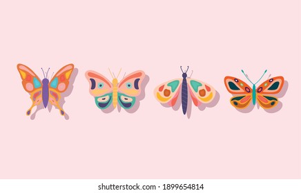 bundle of hand drawn butterflies on a pink background vector illustration design