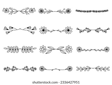 Conjunto de elementos florales divisores dibujados a mano. elegantes bordes y divisores de logotipo floral.  Hierba de bodas dibujada a mano. Corona de flores vintage para el espacio de copia para la invitación guardar la tarjeta de fecha