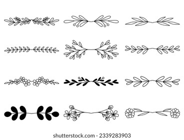 Bundle of hand drawn divider floral elements. elegant floral logo borders and dividers.  Hand drawn line wedding herb. Vintage flower wreath for copy space for invitation save the date card
