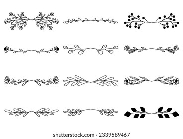 Conjunto de elementos florales divisores dibujados a mano. elegantes bordes y divisores de logotipo floral.  Hierba de bodas dibujada a mano. Corona de flores vintage para el espacio de copia para la invitación guardar la tarjeta de fecha